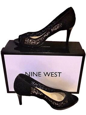 NIB ~ Nine West Black Lace Peep-Toe Heels